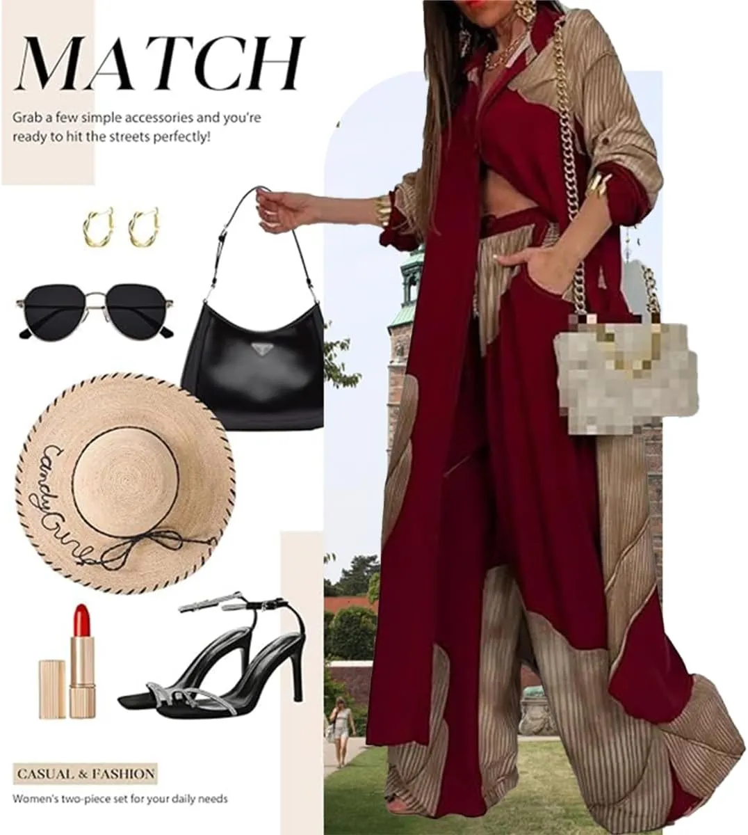 Women's V-Neck Patchwork Printed Top and Pants Commuting Casual Suit Summer V Neck Split Caftans Wide Leg Pants Sets