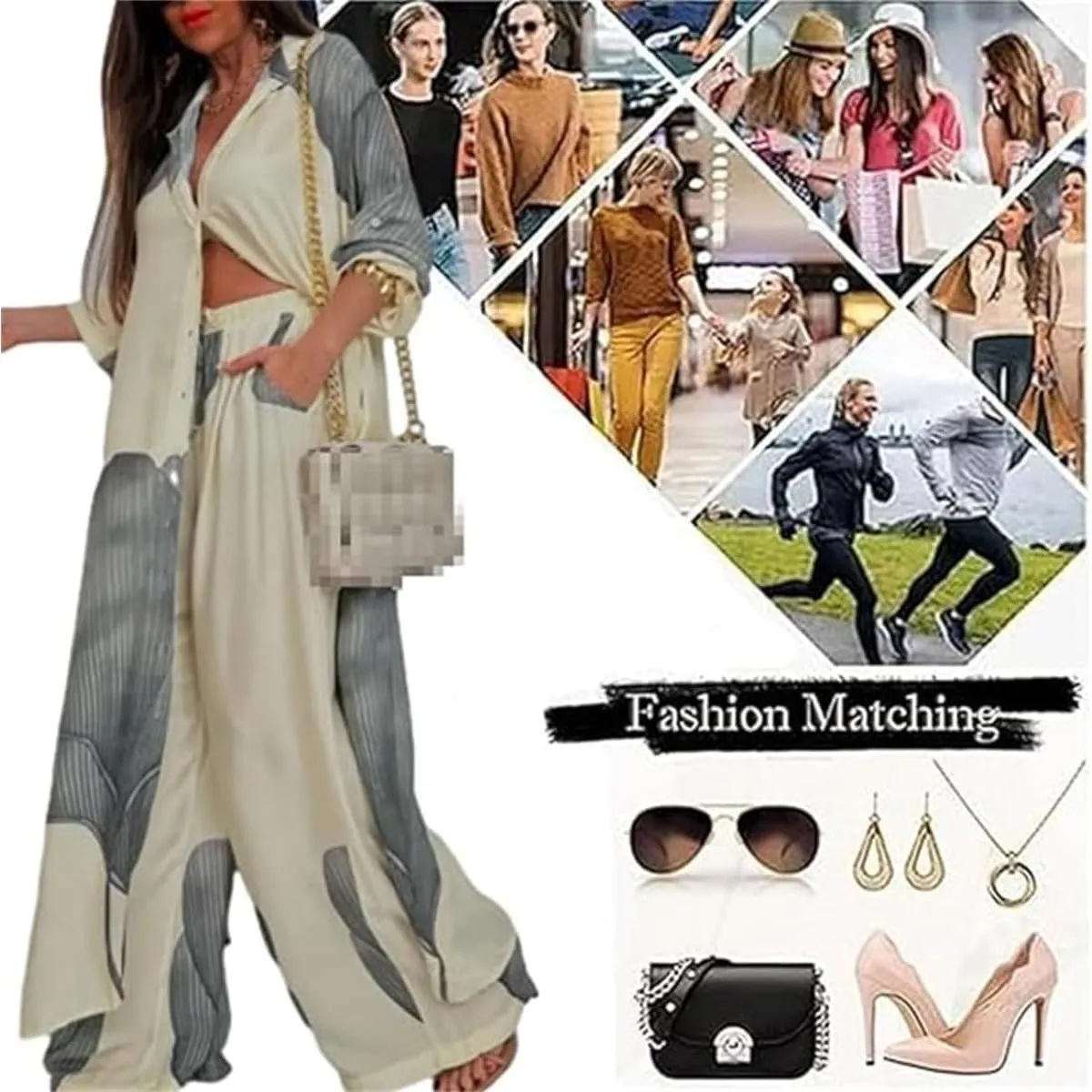 Women's V-Neck Patchwork Printed Top and Pants Commuting Casual Suit Summer V Neck Split Caftans Wide Leg Pants Sets