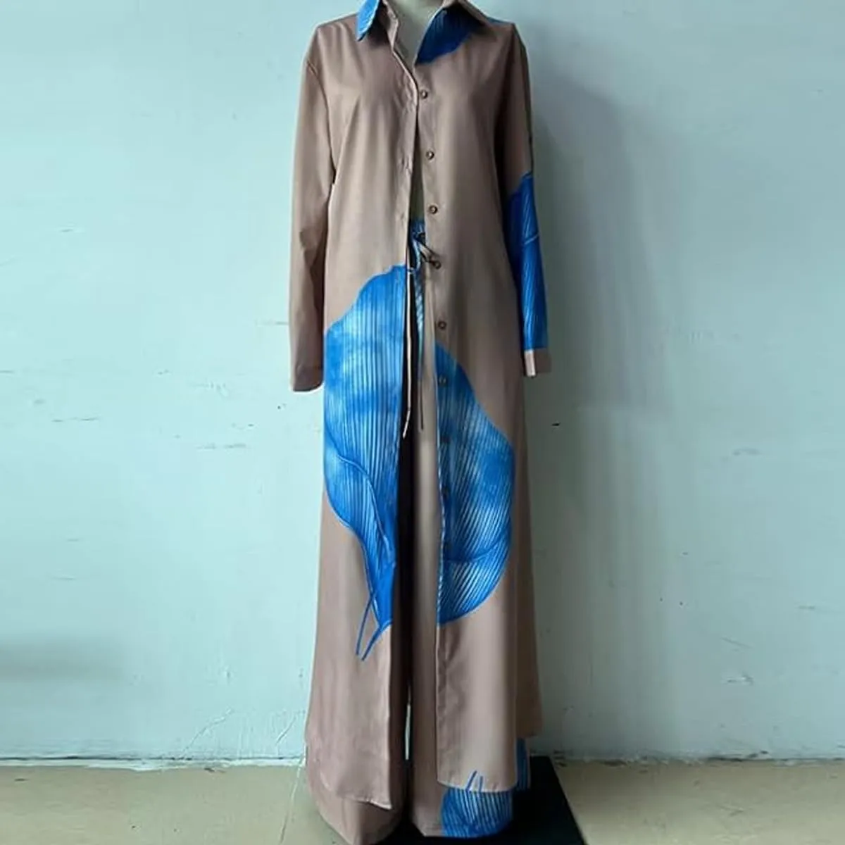 Women's V-Neck Patchwork Printed Top and Pants Commuting Casual Suit Summer V Neck Split Caftans Wide Leg Pants Sets