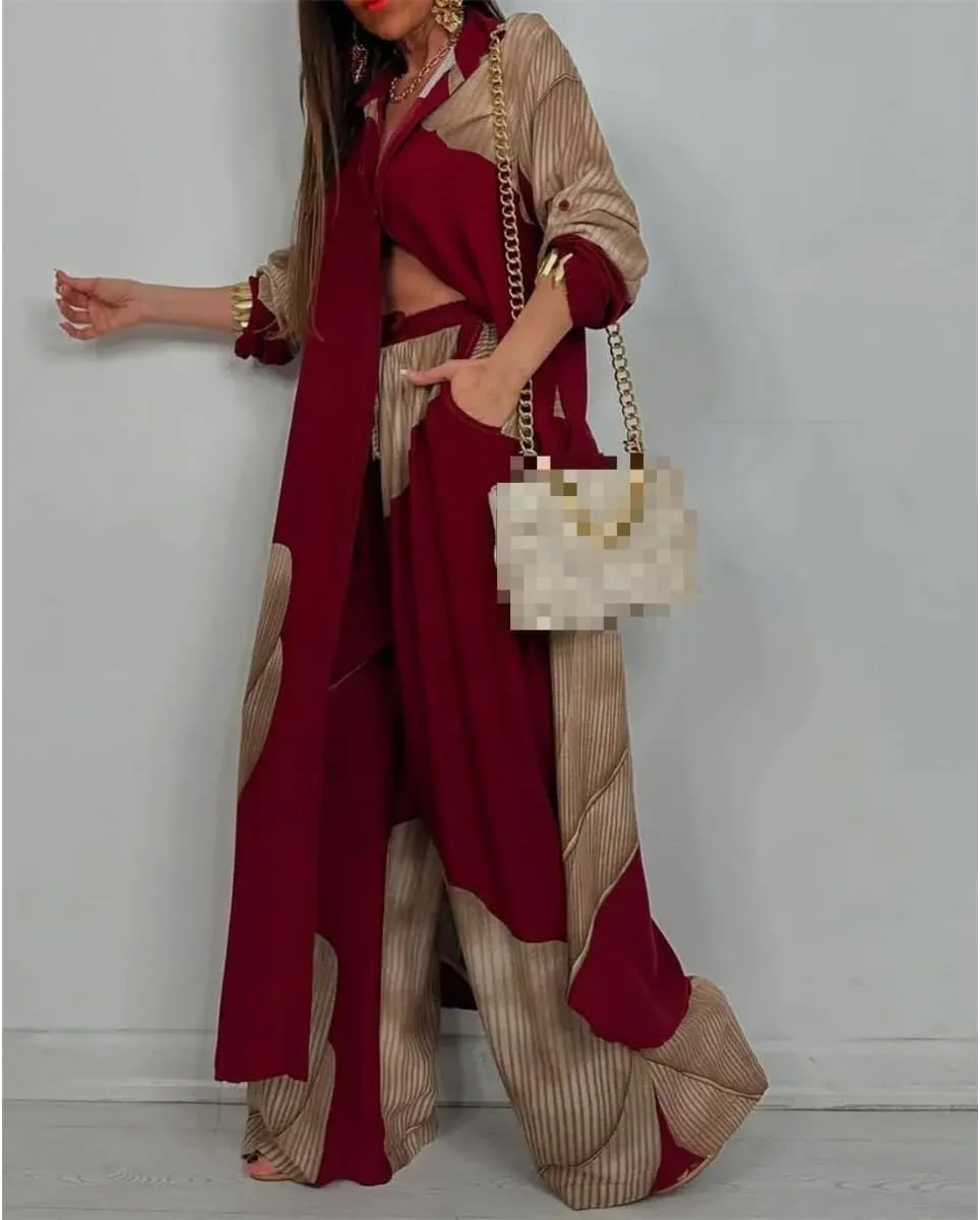 Women's V-Neck Patchwork Printed Top and Pants Commuting Casual Suit Summer V Neck Split Caftans Wide Leg Pants Sets