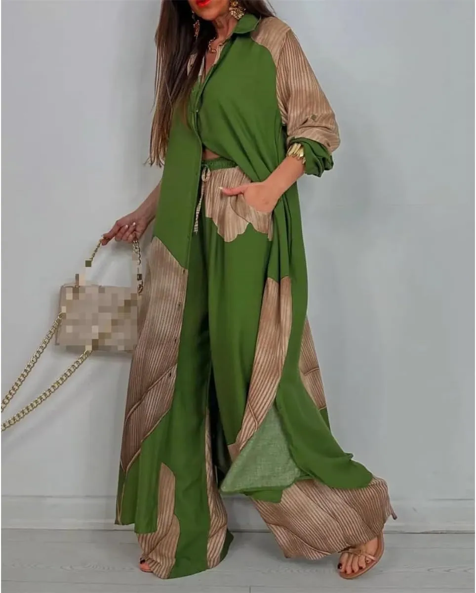 Women's V-Neck Patchwork Printed Top and Pants Commuting Casual Suit Summer V Neck Split Caftans Wide Leg Pants Sets
