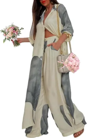 Women's V-Neck Patchwork Printed Top and Pants Commuting Casual Suit Summer V Neck Split Caftans Wide Leg Pants Sets