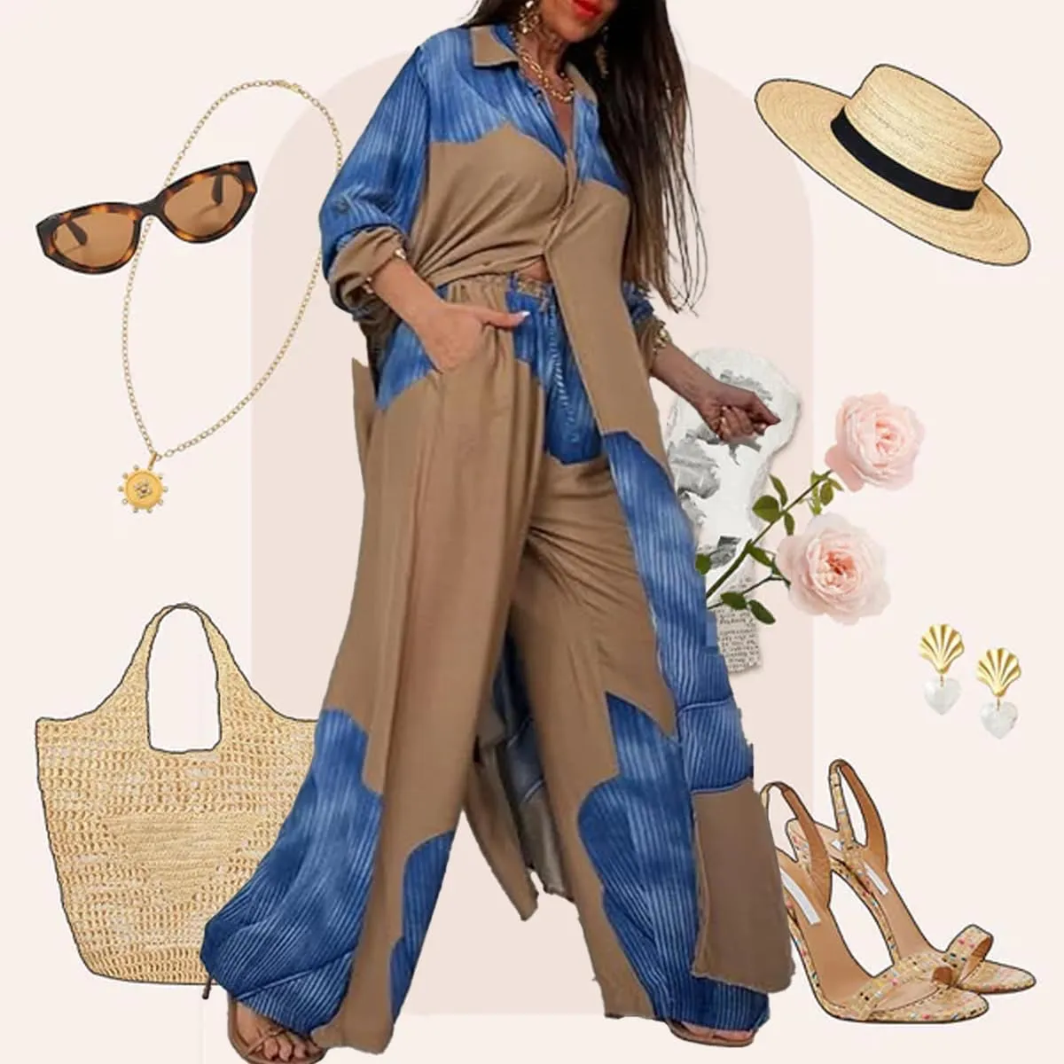 Women's V-Neck Patchwork Printed Top and Pants Commuting Casual Suit Summer V Neck Split Caftans Wide Leg Pants Sets