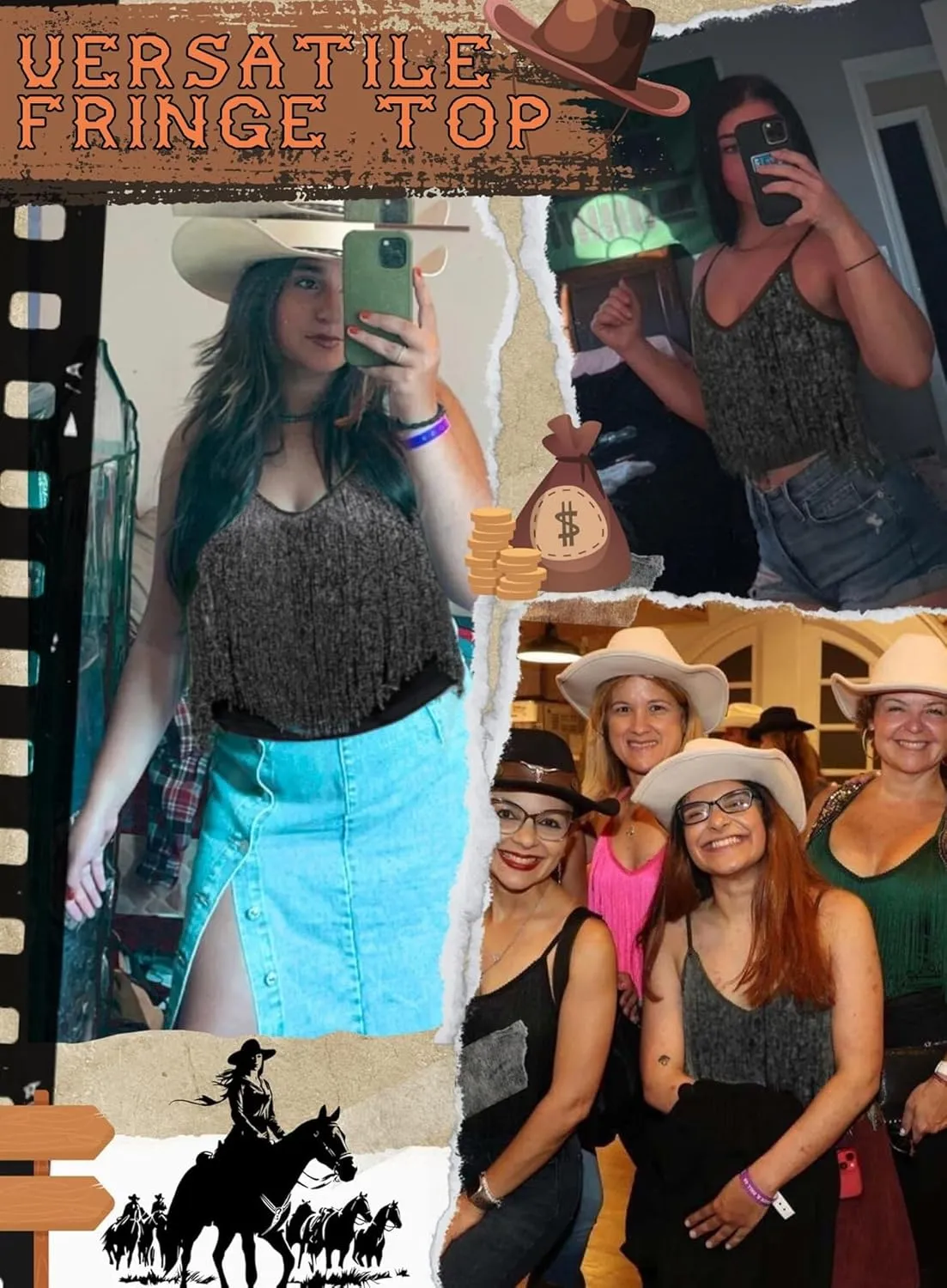 Womens Western Cowgirl Fringe Top - Country Concert Outfits Festival Tassel Hem Boho Rodeo Camisole Rave Tank Shirt