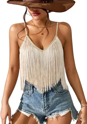 Womens Western Cowgirl Fringe Top - Country Concert Outfits Festival Tassel Hem Boho Rodeo Camisole Rave Tank Shirt