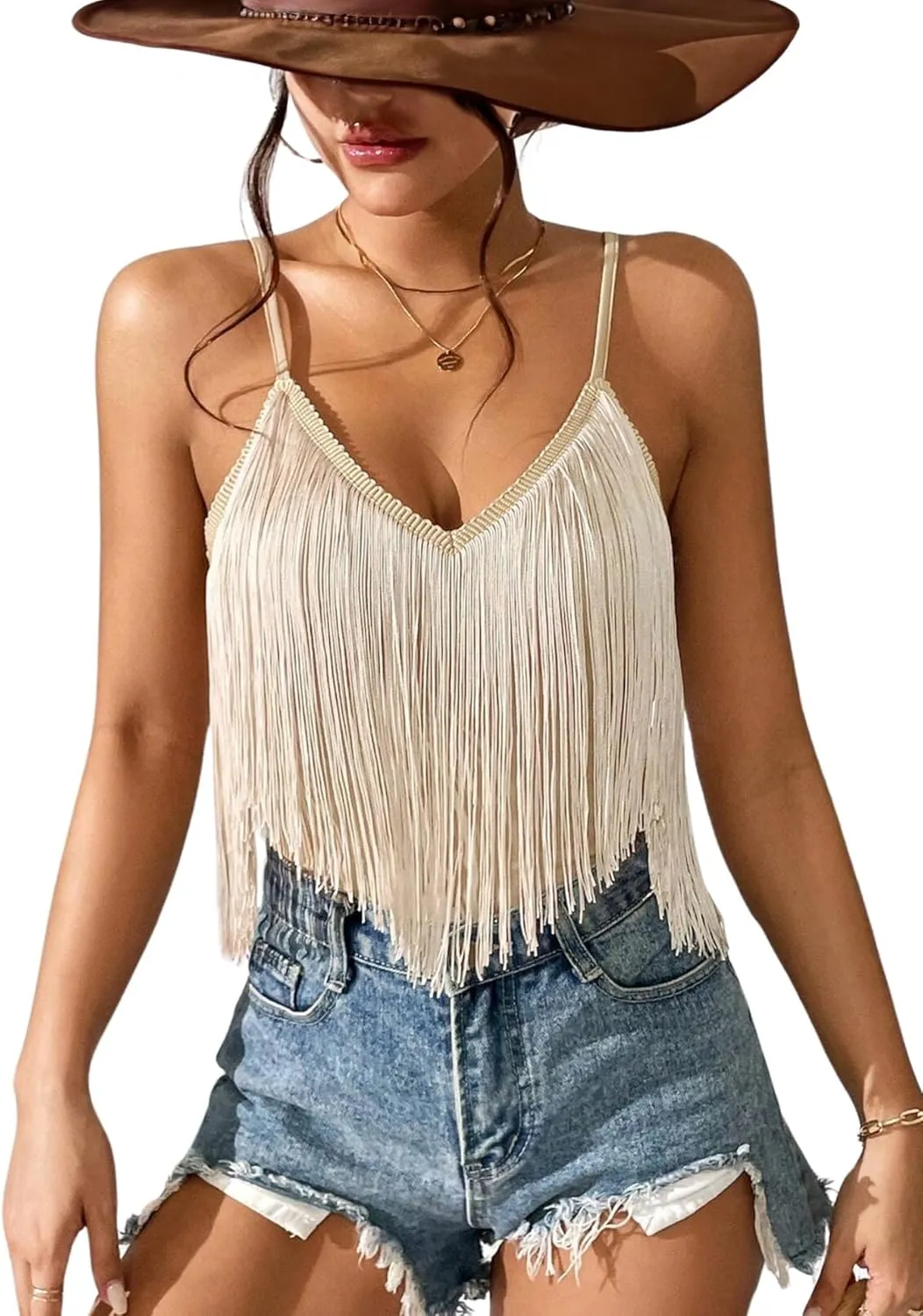 Womens Western Cowgirl Fringe Top - Country Concert Outfits Festival Tassel Hem Boho Rodeo Camisole Rave Tank Shirt