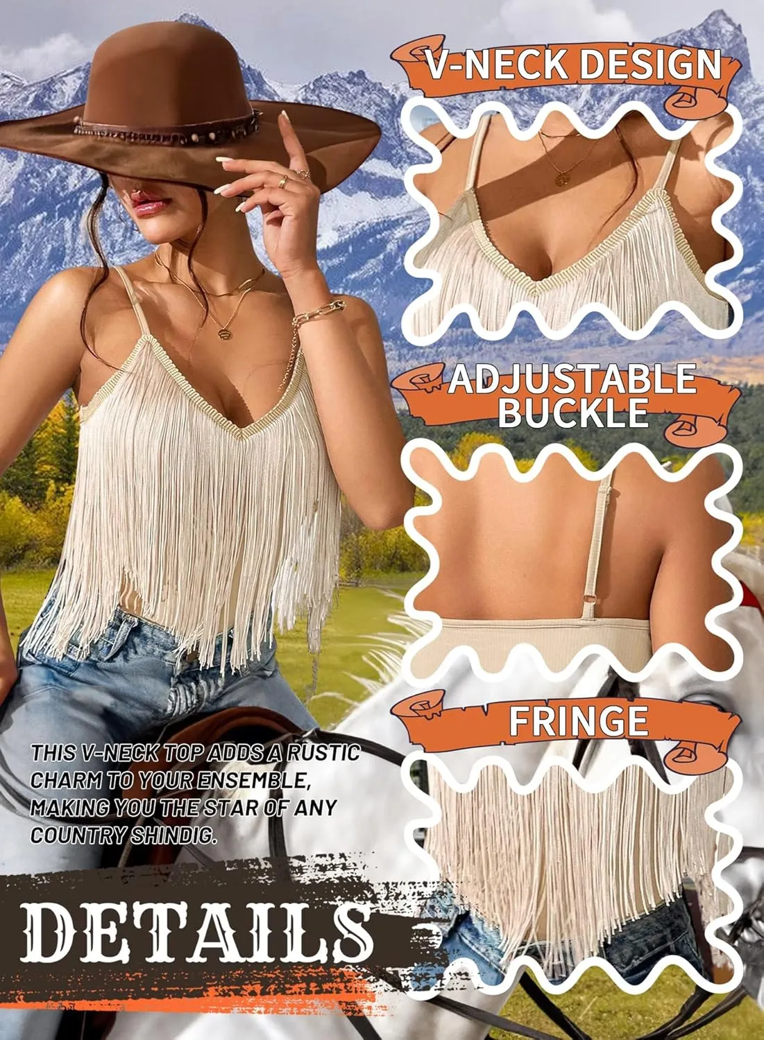 Womens Western Cowgirl Fringe Top - Country Concert Outfits Festival Tassel Hem Boho Rodeo Camisole Rave Tank Shirt