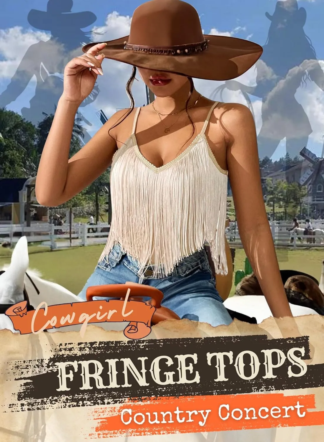 Womens Western Cowgirl Fringe Top - Country Concert Outfits Festival Tassel Hem Boho Rodeo Camisole Rave Tank Shirt