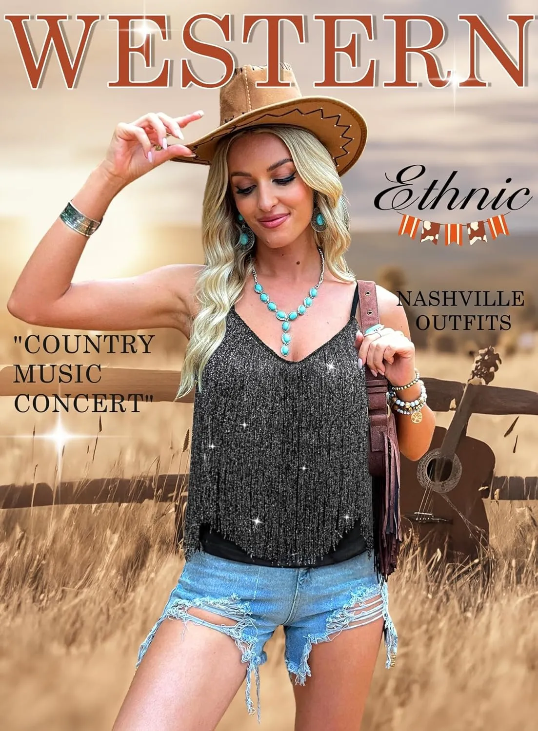 Womens Western Cowgirl Fringe Top - Country Concert Outfits Festival Tassel Hem Boho Rodeo Camisole Rave Tank Shirt