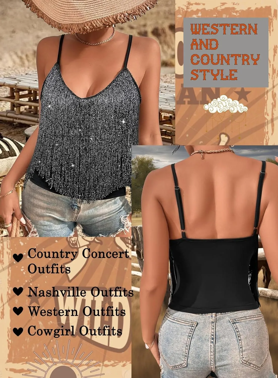 Womens Western Cowgirl Fringe Top - Country Concert Outfits Festival Tassel Hem Boho Rodeo Camisole Rave Tank Shirt
