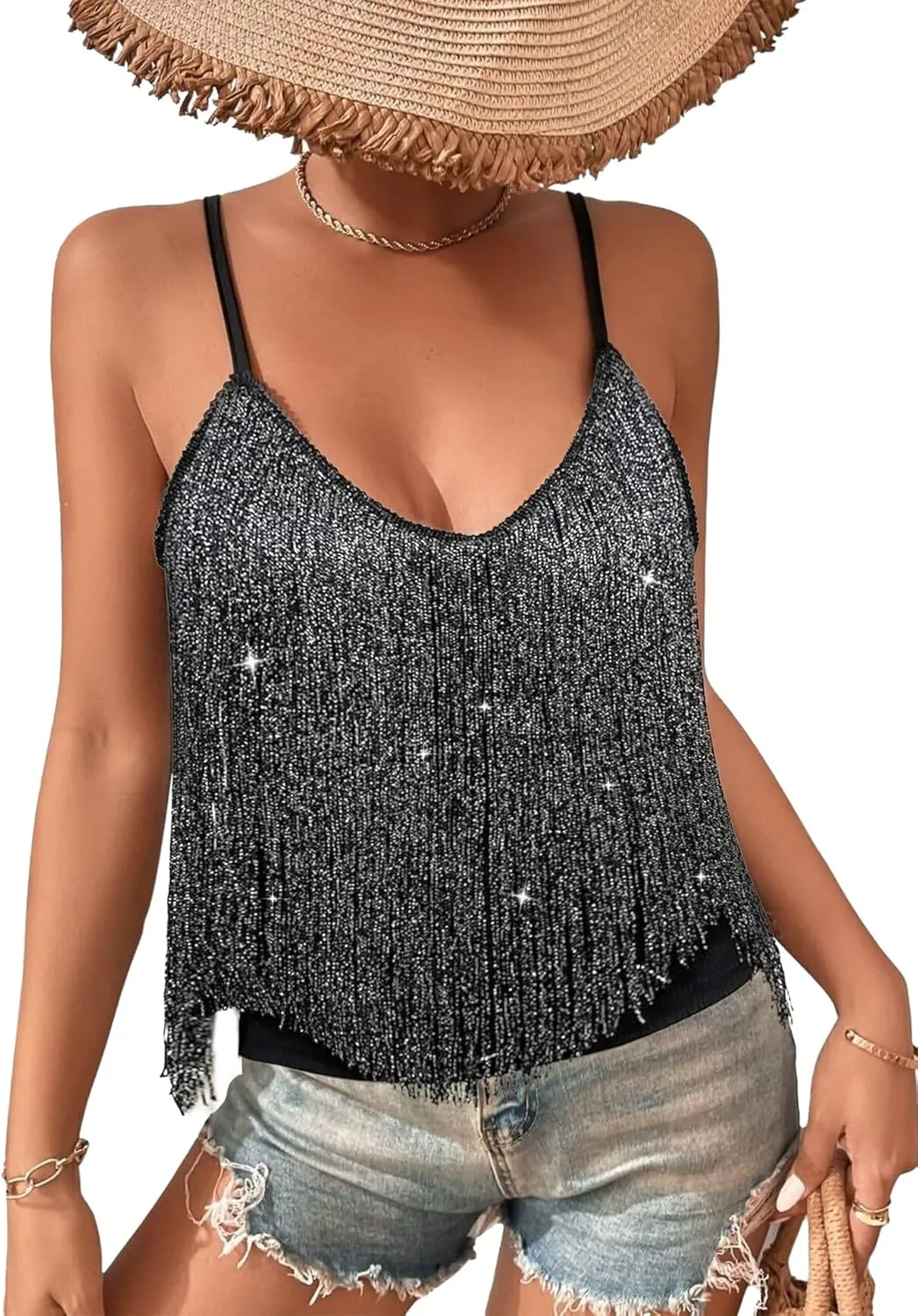 Womens Western Cowgirl Fringe Top - Country Concert Outfits Festival Tassel Hem Boho Rodeo Camisole Rave Tank Shirt