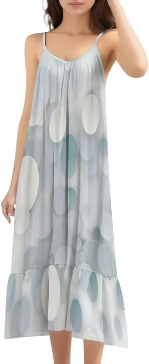Womens White Polka Dots Summer Sling Long Dress Modern Ruffle Flowy Boho Sundress