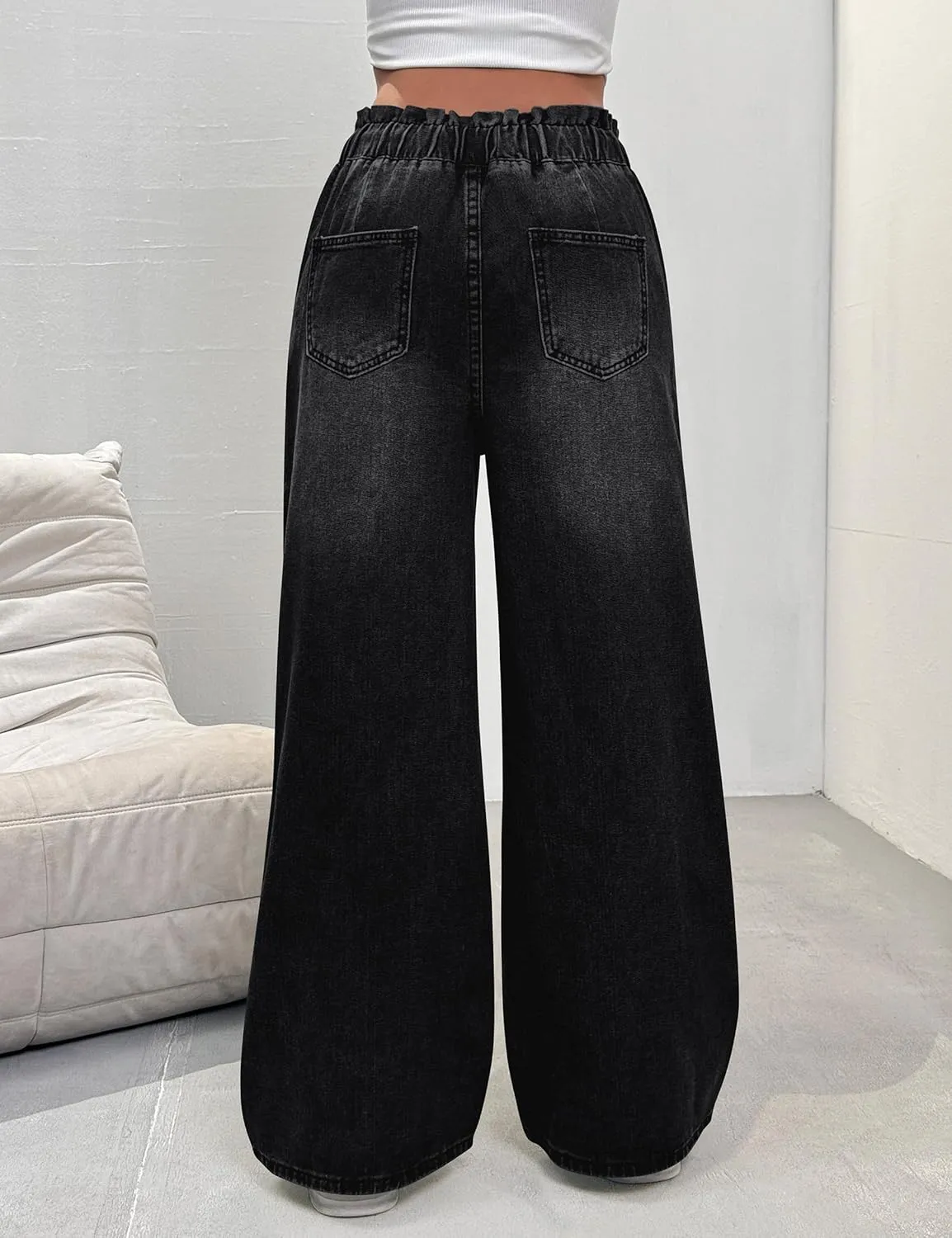 Women's Wide Leg Baggy Jeans Elastic High Waist Barrel Jean Loose Boyfriend Denim Pants with Drawstring
