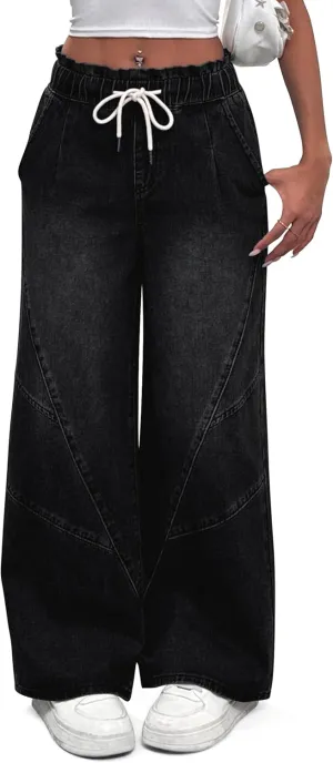 Women's Wide Leg Baggy Jeans Elastic High Waist Barrel Jean Loose Boyfriend Denim Pants with Drawstring