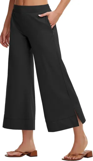Womens Wide Leg Cropped Pants with Zipper Pockets Yoga Casual Travel Work Lightweight Quick Dry Pants