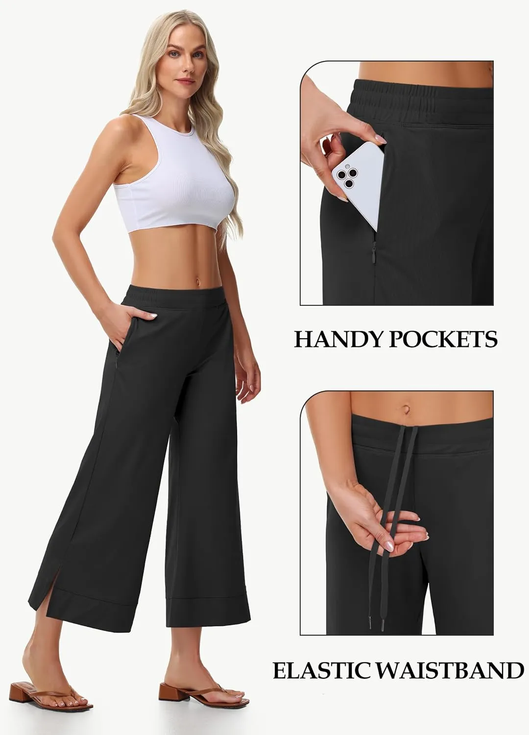 Womens Wide Leg Cropped Pants with Zipper Pockets Yoga Casual Travel Work Lightweight Quick Dry Pants