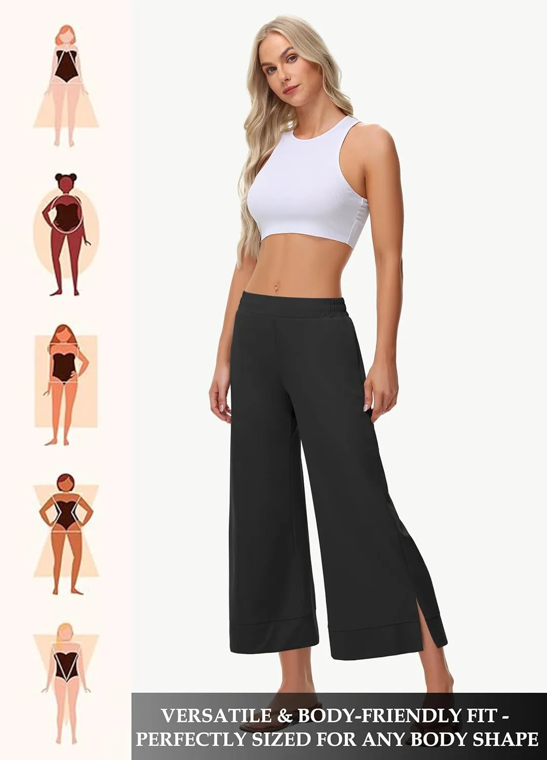 Womens Wide Leg Cropped Pants with Zipper Pockets Yoga Casual Travel Work Lightweight Quick Dry Pants