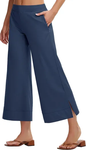 Womens Wide Leg Cropped Pants with Zipper Pockets Yoga Casual Travel Work Lightweight Quick Dry Pants