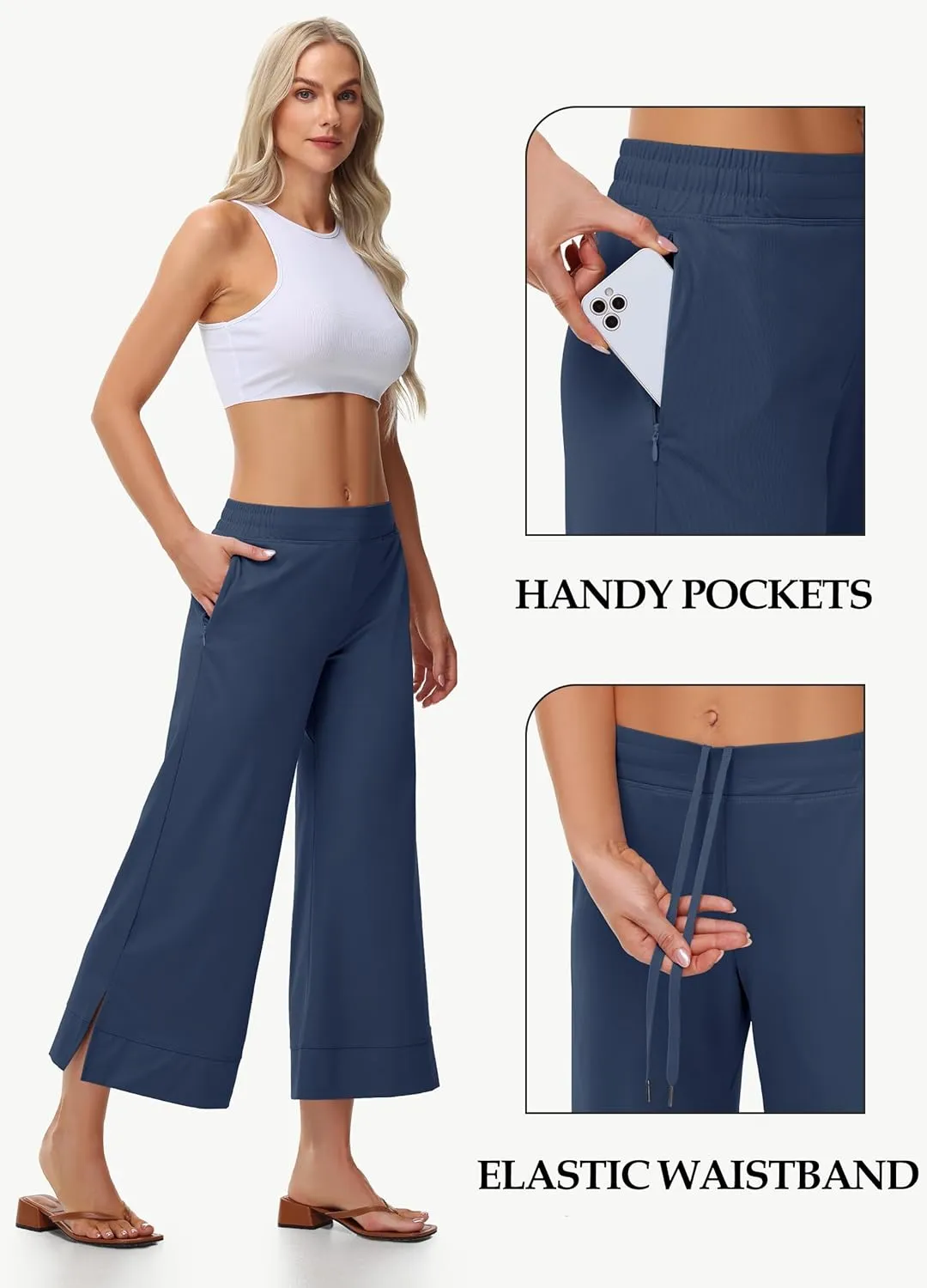 Womens Wide Leg Cropped Pants with Zipper Pockets Yoga Casual Travel Work Lightweight Quick Dry Pants