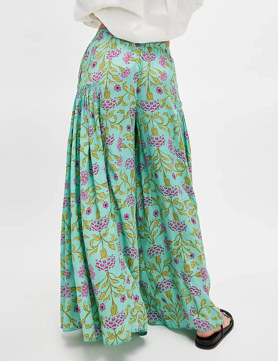 Womens Wide Leg Pants Flowy High Elastic Waist Loose Printed Beach Boho Yoga Casual Long Trousers