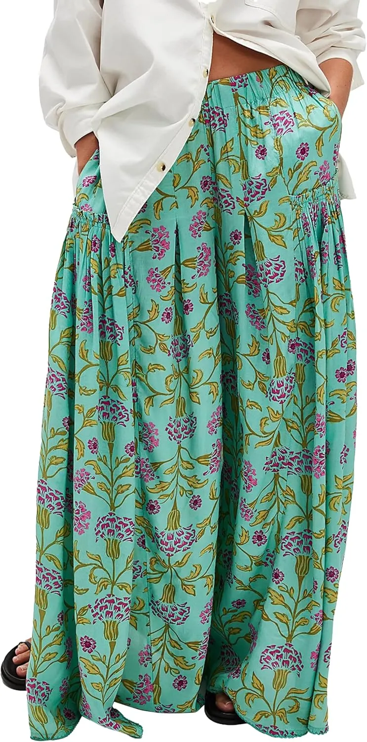 Womens Wide Leg Pants Flowy High Elastic Waist Loose Printed Beach Boho Yoga Casual Long Trousers