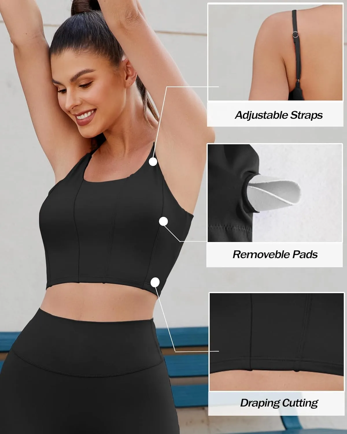 XUNYU Longline Sports Bras for Women Padded Yoga Tank Top Supportive Workout Crop Tops Built in Bras Adjustable Straps