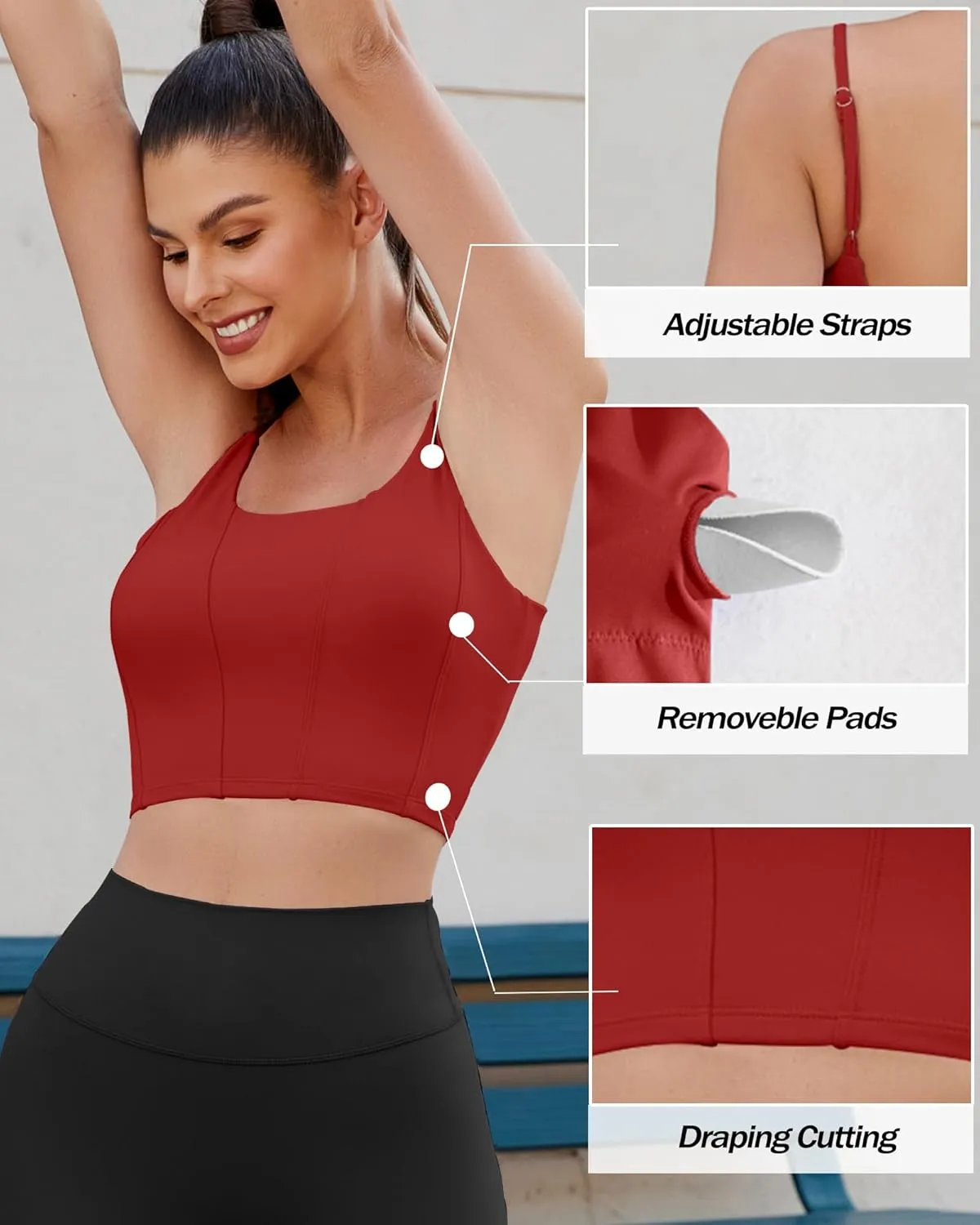 XUNYU Longline Sports Bras for Women Padded Yoga Tank Top Supportive Workout Crop Tops Built in Bras Adjustable Straps