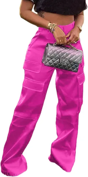 XZLUFNY Satin Cargo Pants for Women High Waist Multiple Pockets Wide Leg Trouser