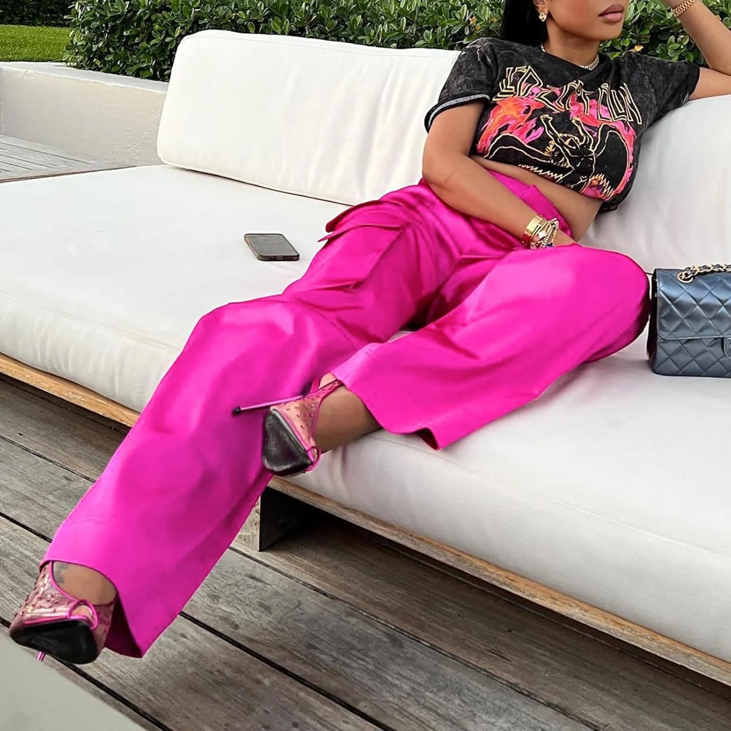 XZLUFNY Satin Cargo Pants for Women High Waist Multiple Pockets Wide Leg Trouser