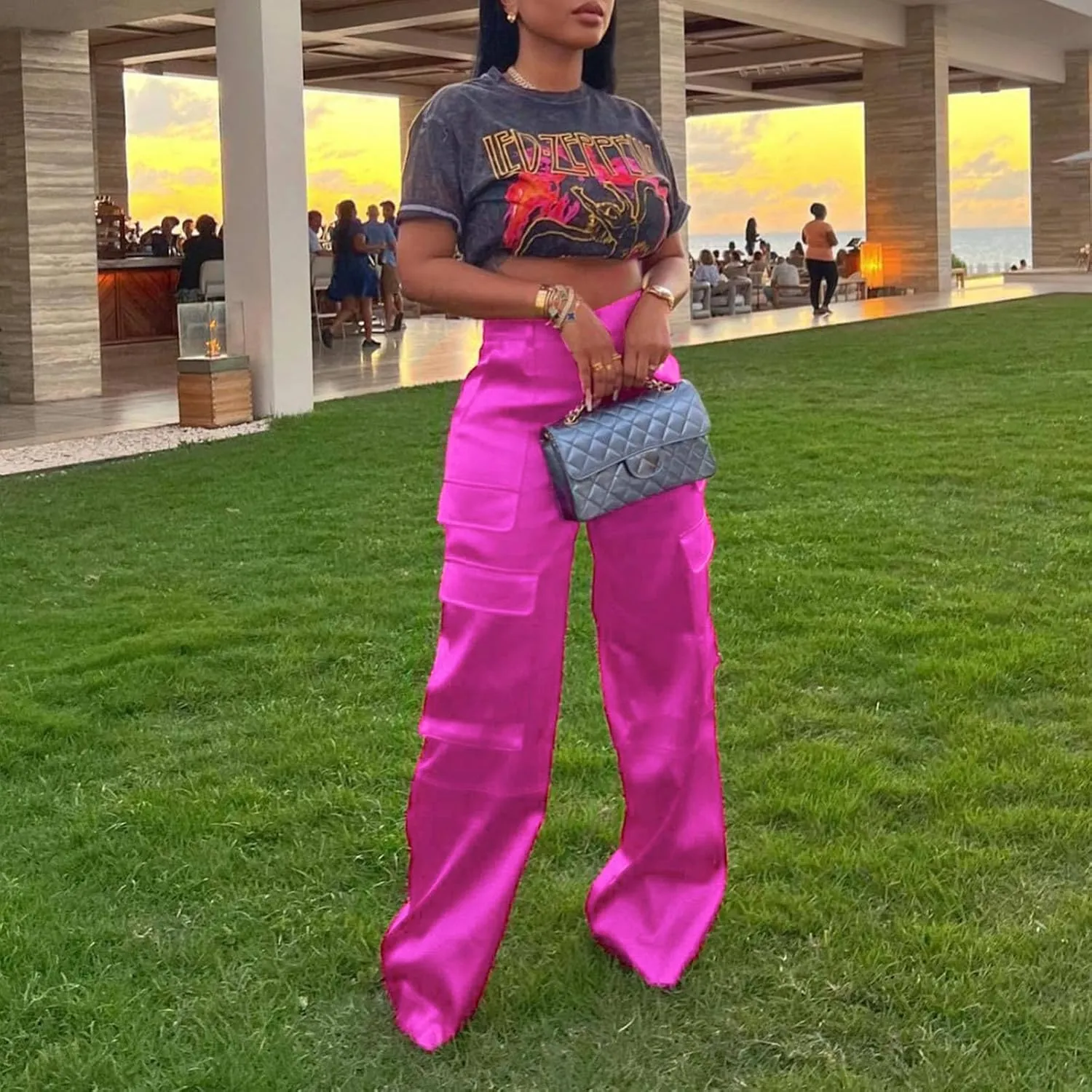 XZLUFNY Satin Cargo Pants for Women High Waist Multiple Pockets Wide Leg Trouser