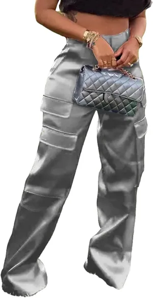 XZLUFNY Satin Cargo Pants for Women High Waist Multiple Pockets Wide Leg Trouser