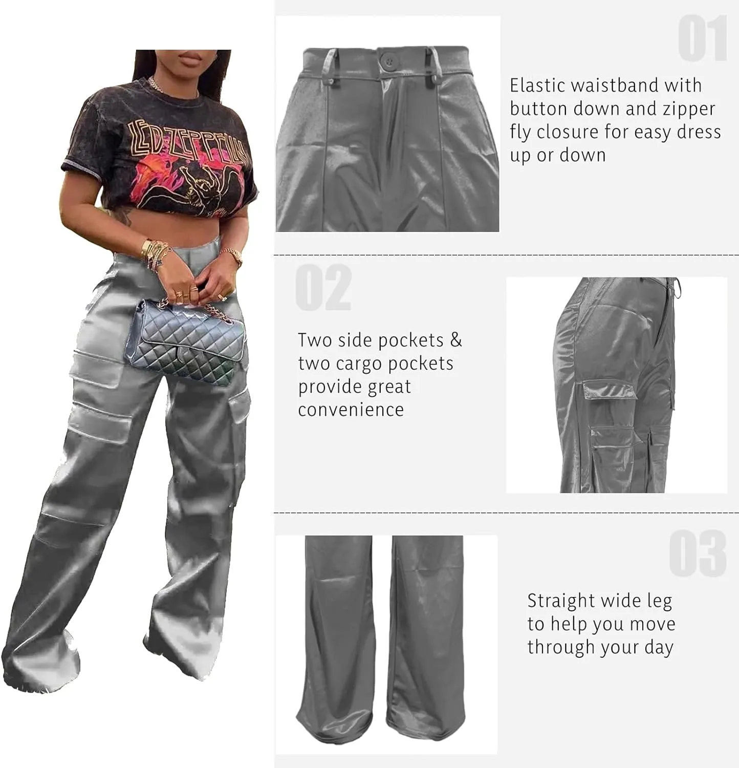 XZLUFNY Satin Cargo Pants for Women High Waist Multiple Pockets Wide Leg Trouser