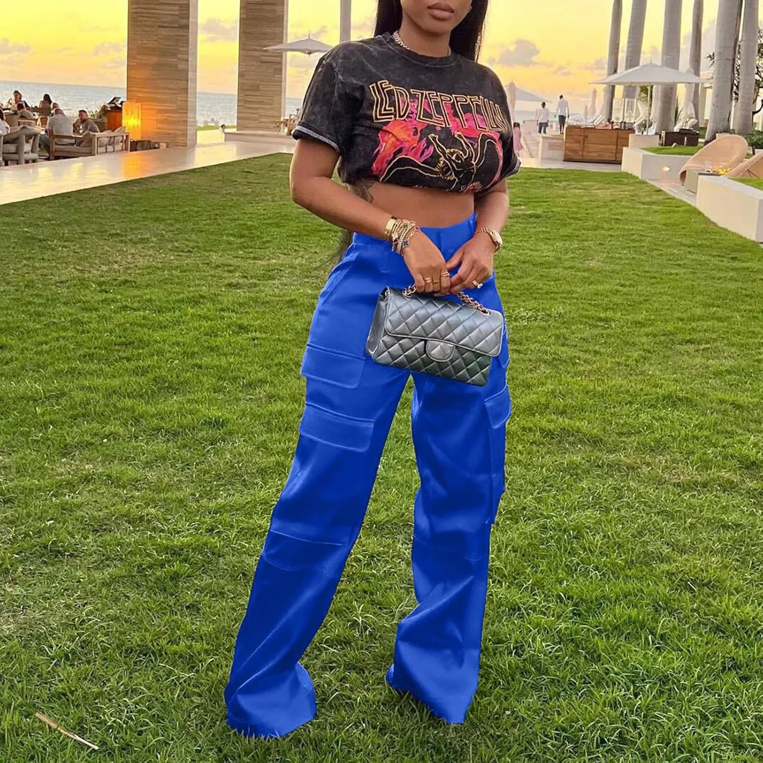 XZLUFNY Satin Cargo Pants for Women High Waist Multiple Pockets Wide Leg Trouser
