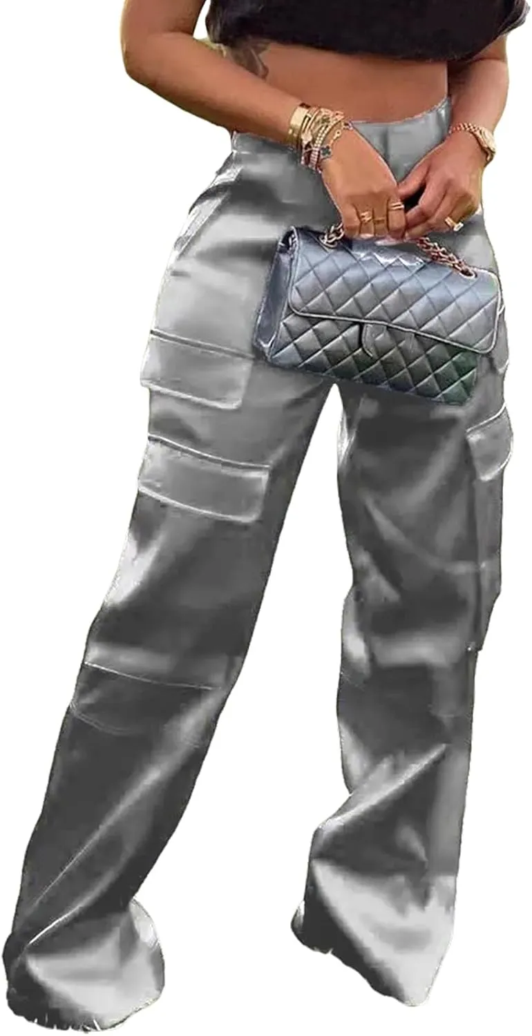 XZLUFNY Satin Cargo Pants for Women High Waist Multiple Pockets Wide Leg Trouser