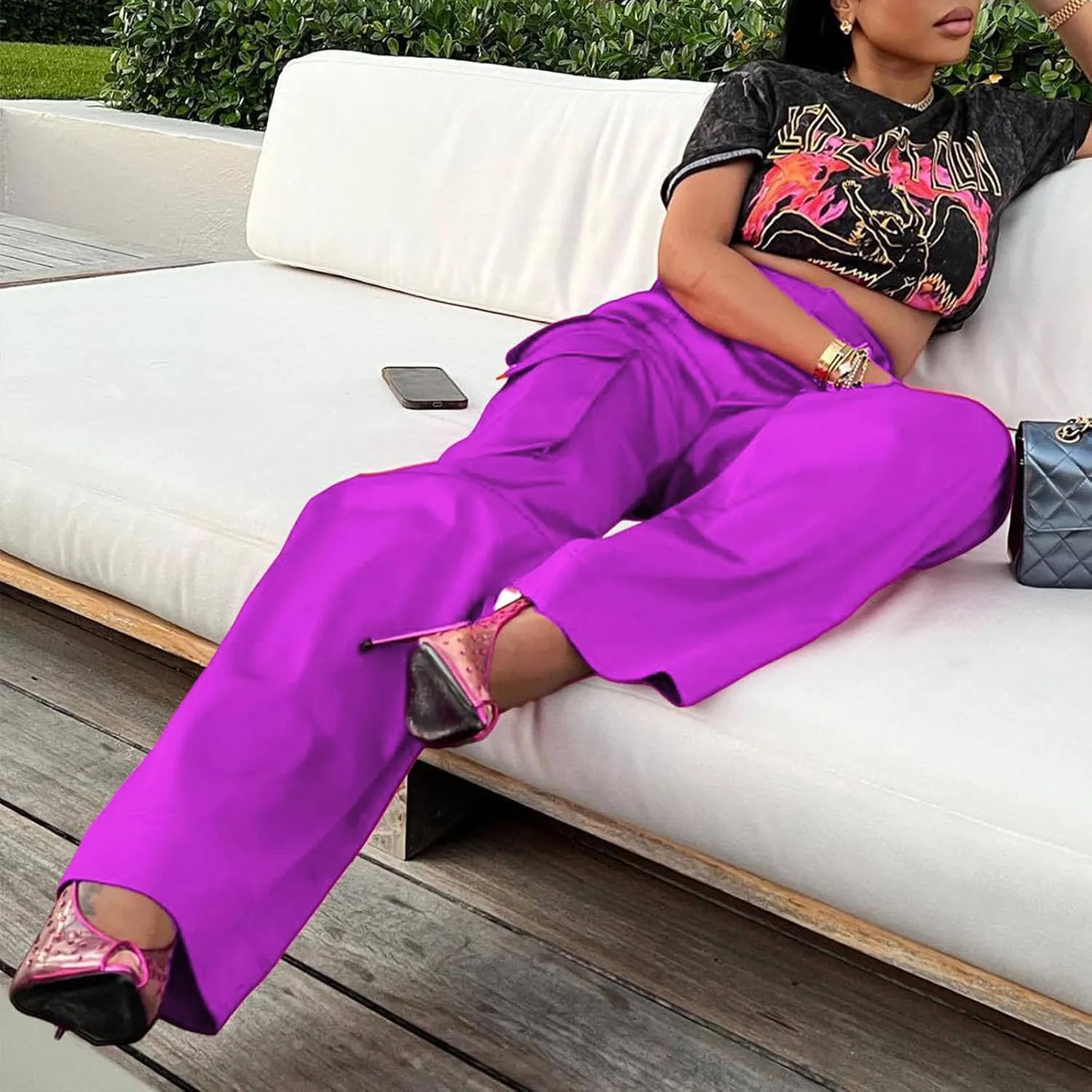 XZLUFNY Satin Cargo Pants for Women High Waist Multiple Pockets Wide Leg Trouser