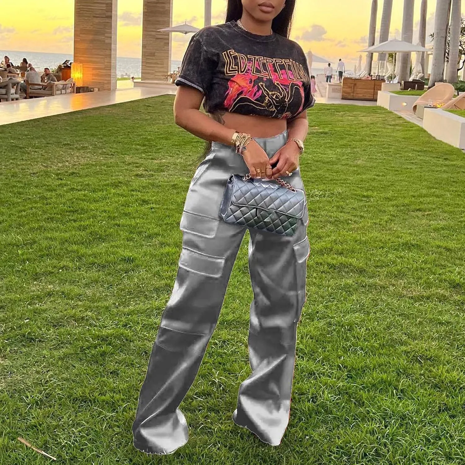 XZLUFNY Satin Cargo Pants for Women High Waist Multiple Pockets Wide Leg Trouser