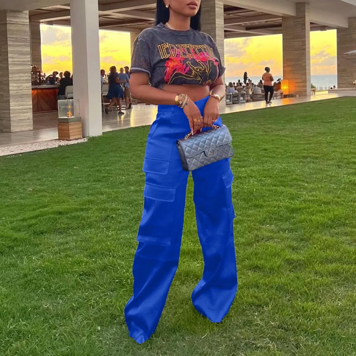 XZLUFNY Satin Cargo Pants for Women High Waist Multiple Pockets Wide Leg Trouser