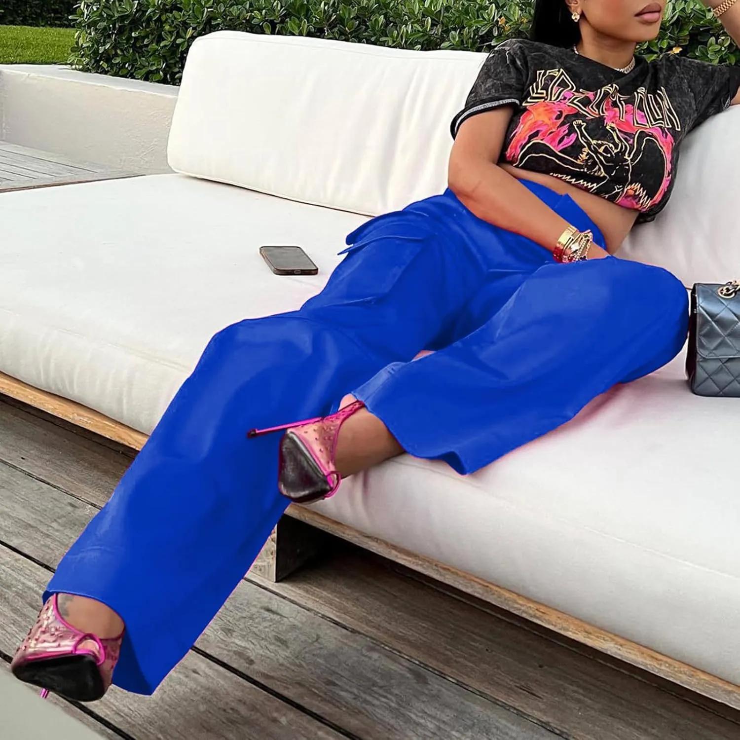 XZLUFNY Satin Cargo Pants for Women High Waist Multiple Pockets Wide Leg Trouser