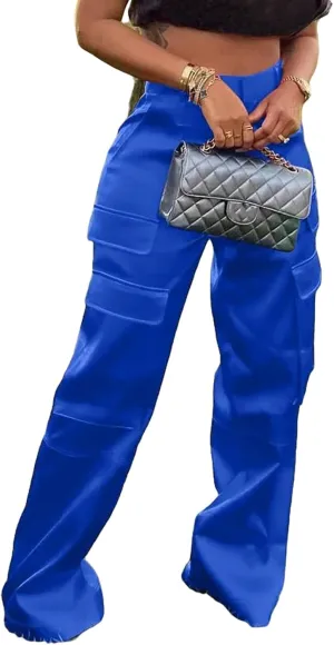 XZLUFNY Satin Cargo Pants for Women High Waist Multiple Pockets Wide Leg Trouser