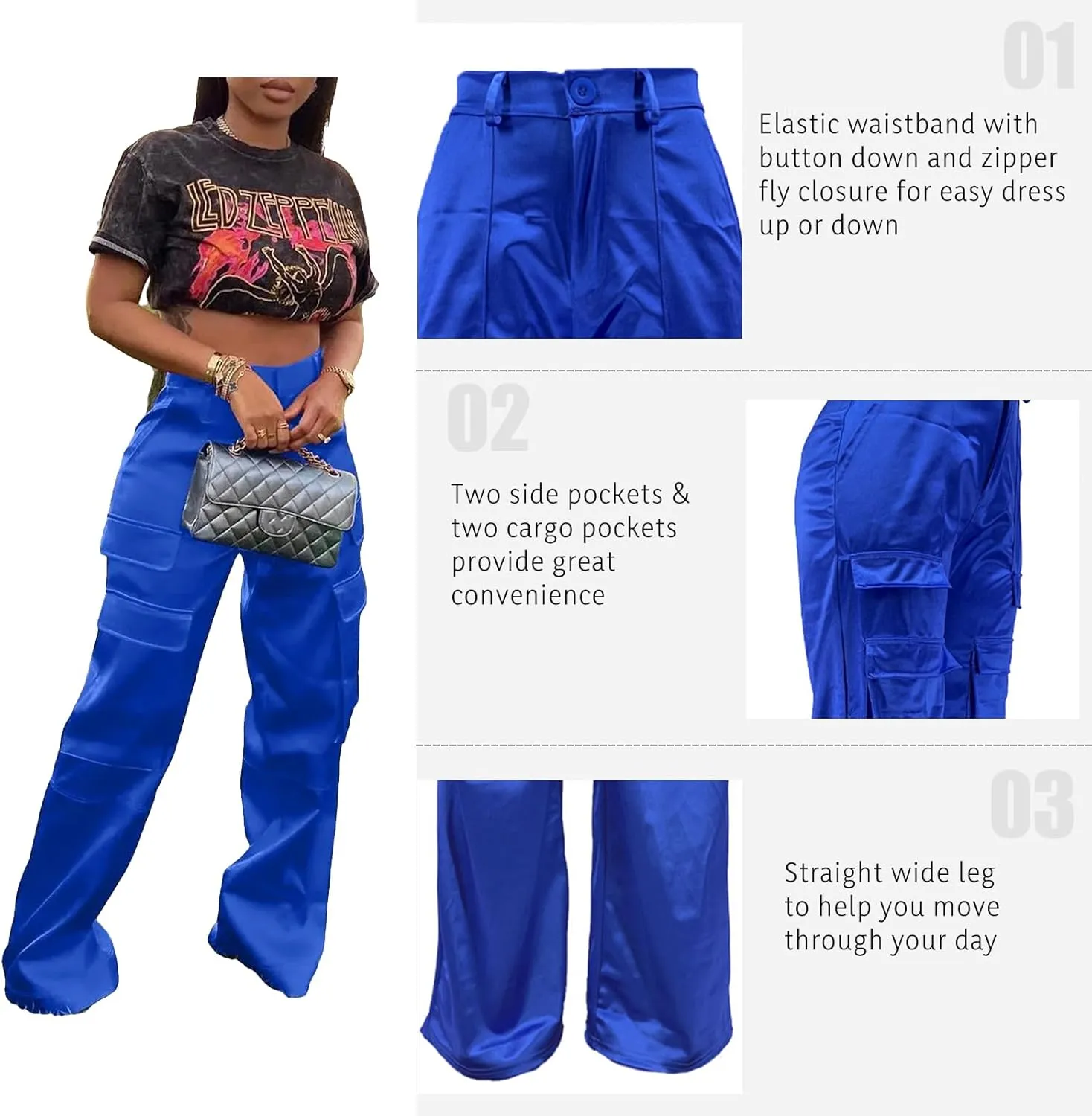 XZLUFNY Satin Cargo Pants for Women High Waist Multiple Pockets Wide Leg Trouser