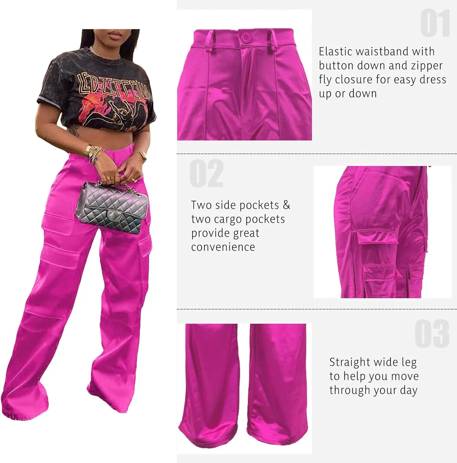XZLUFNY Satin Cargo Pants for Women High Waist Multiple Pockets Wide Leg Trouser