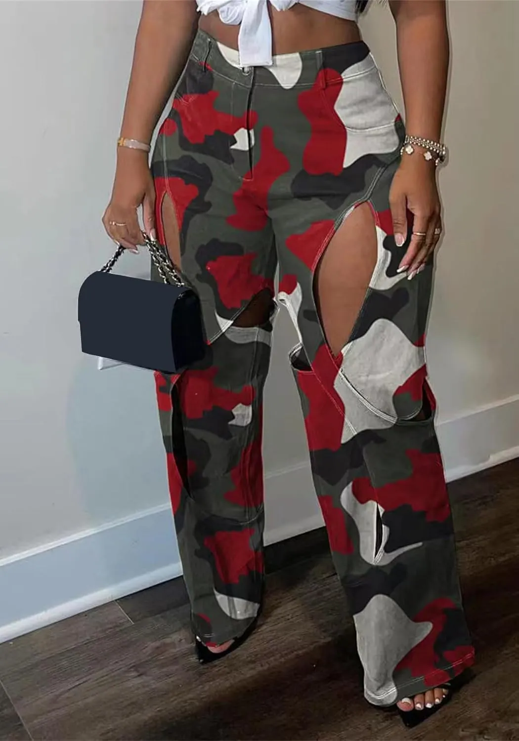 YOOTIKO Womens Camo Cargo Pants High Waisted Army Fatigue Loose Straight Wide Leg Camouflage Trousers Streetwear