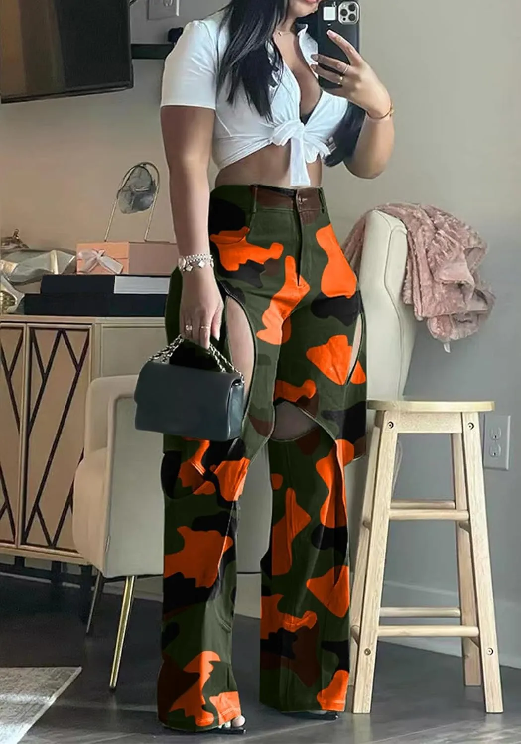 YOOTIKO Womens Camo Cargo Pants High Waisted Army Fatigue Loose Straight Wide Leg Camouflage Trousers Streetwear