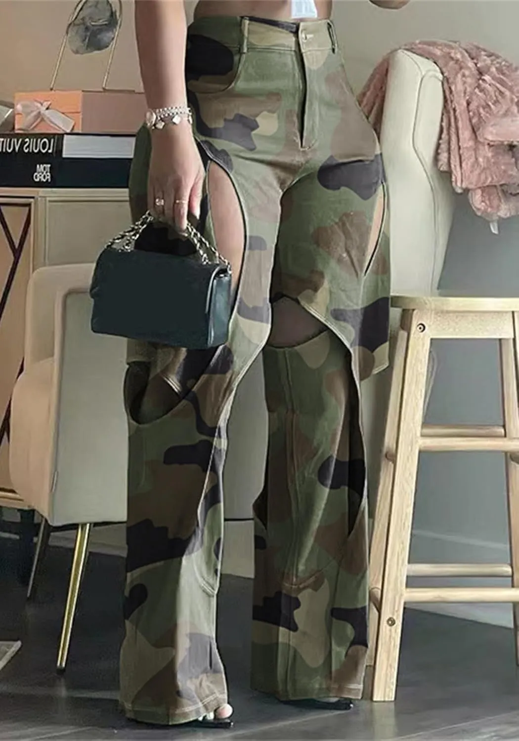 YOOTIKO Womens Camo Cargo Pants High Waisted Army Fatigue Loose Straight Wide Leg Camouflage Trousers Streetwear