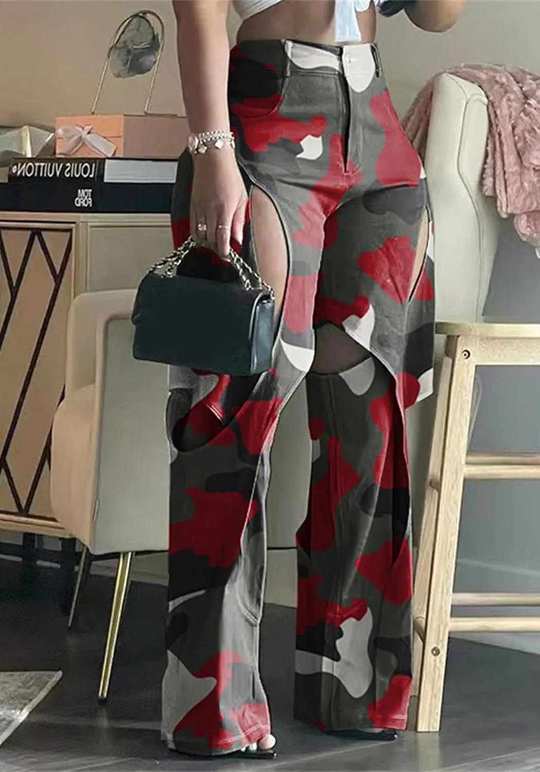 YOOTIKO Womens Camo Cargo Pants High Waisted Army Fatigue Loose Straight Wide Leg Camouflage Trousers Streetwear
