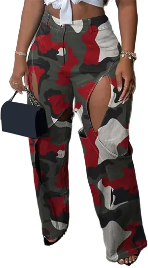 YOOTIKO Womens Camo Cargo Pants High Waisted Army Fatigue Loose Straight Wide Leg Camouflage Trousers Streetwear