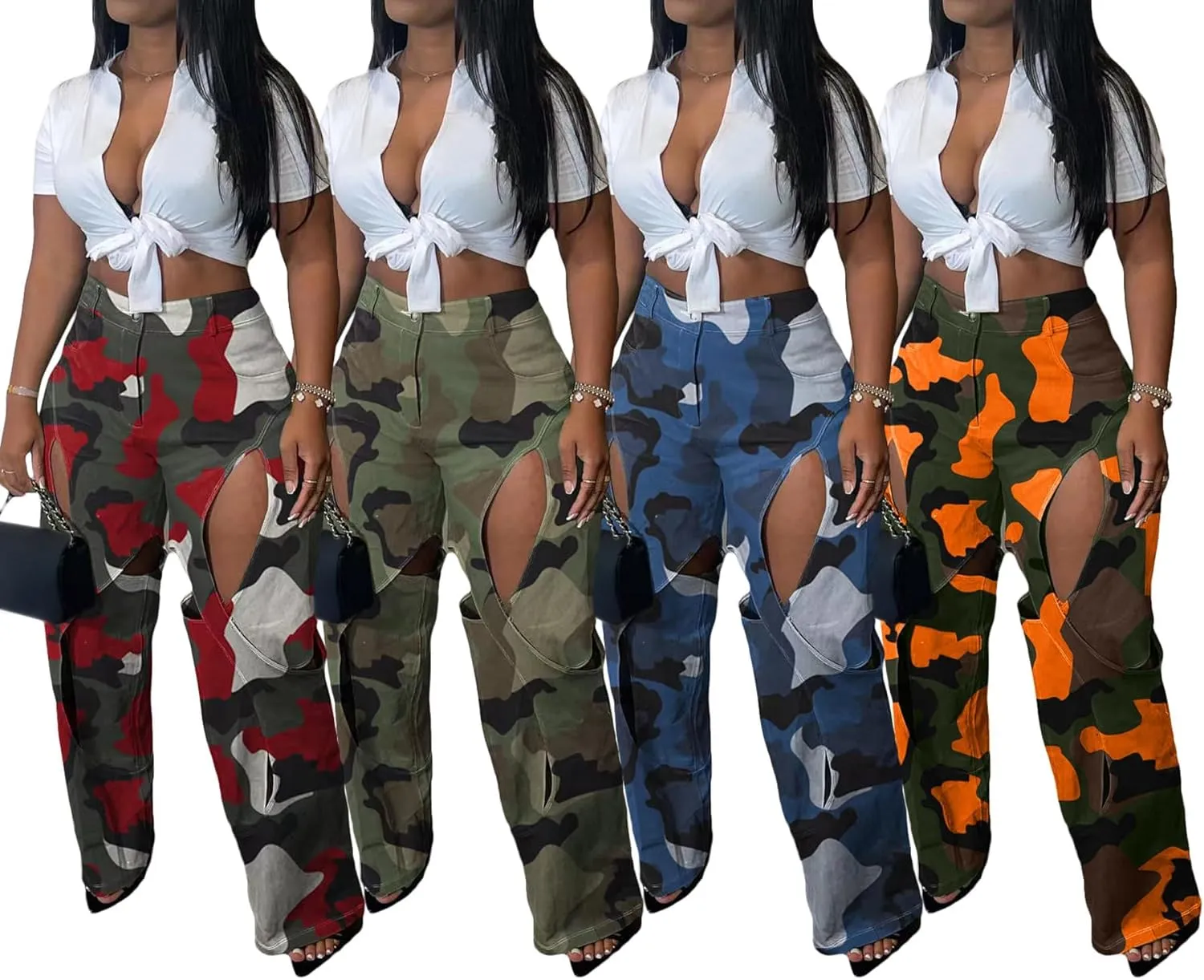 YOOTIKO Womens Camo Cargo Pants High Waisted Army Fatigue Loose Straight Wide Leg Camouflage Trousers Streetwear