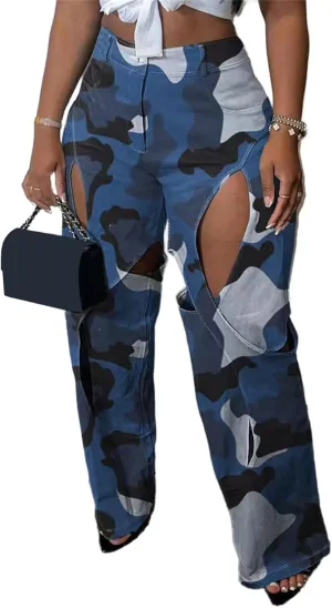 YOOTIKO Womens Camo Cargo Pants High Waisted Army Fatigue Loose Straight Wide Leg Camouflage Trousers Streetwear