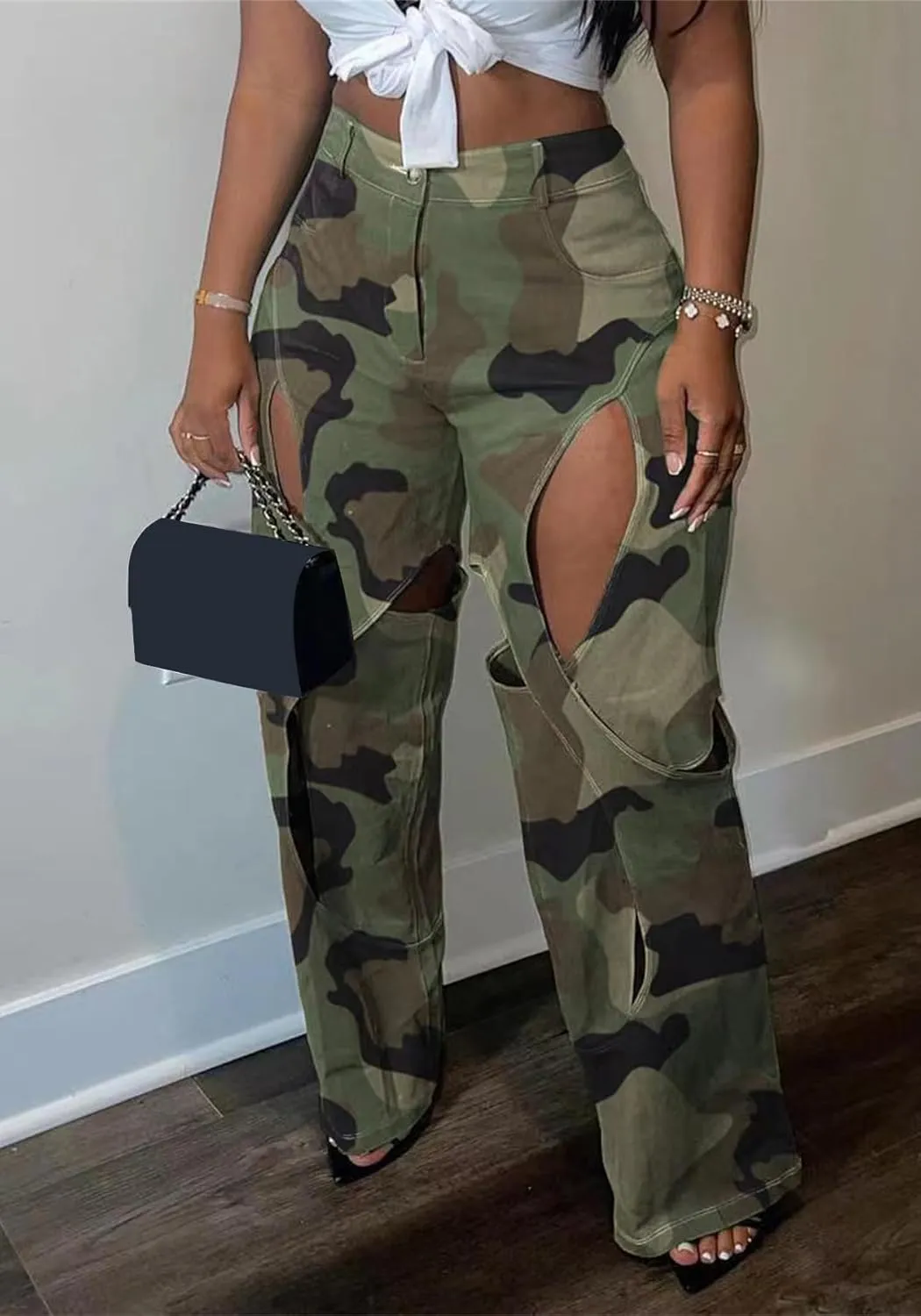 YOOTIKO Womens Camo Cargo Pants High Waisted Army Fatigue Loose Straight Wide Leg Camouflage Trousers Streetwear