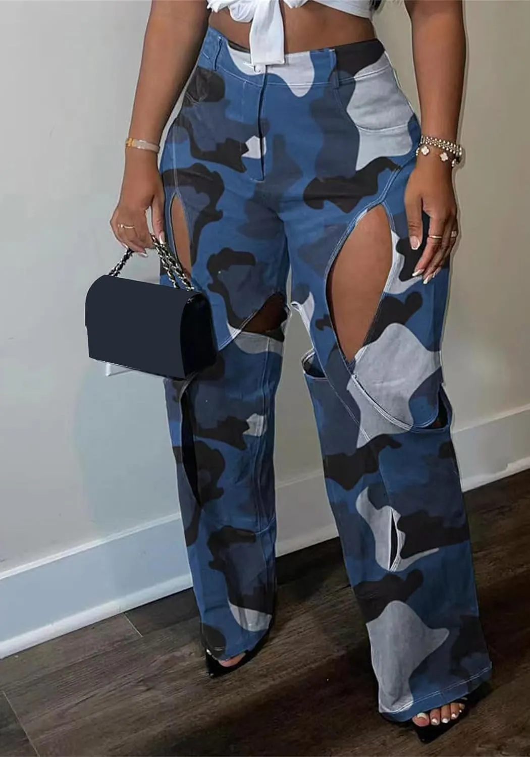 YOOTIKO Womens Camo Cargo Pants High Waisted Army Fatigue Loose Straight Wide Leg Camouflage Trousers Streetwear